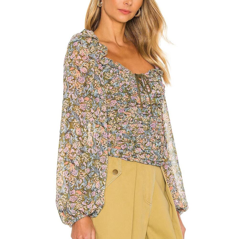 Free People NWT Mabel Green Pink Floral Printed Open Keyhole Back Ruched Top